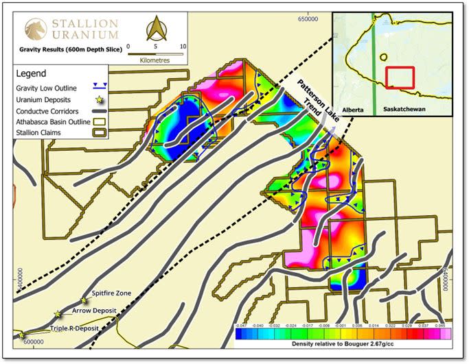 Gravity Results at 600m below surface. Highlighting the gravity low anomalies in blue.